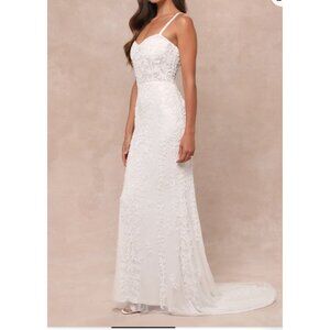 Lulus Momentous Love White Beaded Bustier Mesh Mermaid Maxi Wedding Dress Sz Med